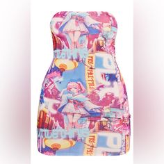 Multi Hue Anime Printed Material Bandeau Style Length Approx 27" Product Type: Bodycon Dress Color: Multi Design: Print Neckline: Bandeau Sleeves: Sleeveless Pink Graphic Print Party Dress, Y2k Strapless Spring Dress, Y2k Strapless Dress For Spring, Fitted Multicolor Bandeau Dress, Trendy Strapless Multicolor Mini Dress, Pink Graphic Print Mini Dress, Trendy Multicolor Strapless Dresses, Bandeau Dress, Crochet Halter Tops