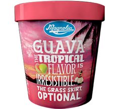 a cup of ice cream with the words guavaa and tropical flavor