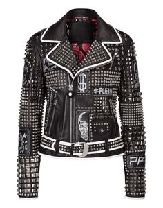 New Woman Philip Plein Black Studded Patches Leather Jacket White Lining - Coats & Jackets Philip Plein, Zippers Fashion, Patches Jacket, Lady Biker, Punk Style, Studded Leather, Plain Black