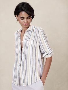 Classic Linen-Blend Shirt | Banana Republic Factory Affordable Relaxed-fit Blouse With Placket, Relaxed Fit Beach Tops With Placket, Effortless Relaxed Fit Summer Shirt, Summer Effortless Relaxed Fit Shirt, Classic Relaxed Fit Beach Tops, Classic Relaxed Fit Tops For Beach, Relaxed Summer Workwear Shirt, Classic Beach Tops With Relaxed Fit, Relaxed Fit Shirt With Rolled Sleeves