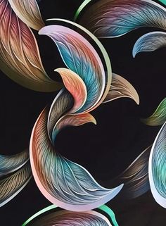 an abstract painting with many different colors and shapes on black background, featuring leaves that appear to float in the air