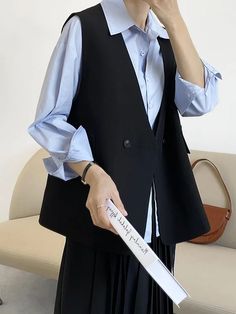 Lemongor Casual V-neck Vest For Office, Casual Sleeveless Vest For Office, Solid Sleeveless Sweater Vest For Work, Casual Black Vest For Office, Skirt Set Two Piece, Trench Coat Dress, Cap Sleeve Shirt, Hooded Trench Coat, Solid Color Pants