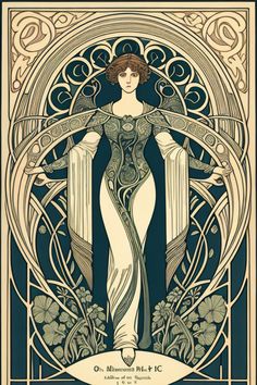 an art nouveau poster with a woman in the center