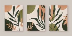 three canvases with leaves and plants on them, one in green, the other in pink