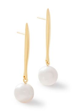 Iridescent freshwater pearls create irregular silhouettes on these drop earrings that add modern polish to both casual looks and workwear. Exclusive US retailer 1" drop; 1/8" width Pearl size: 9–9.5mm Freshwater pearl/recycled 18k-gold plate Imported Recipient of the Butterfly Mark certification, which identifies luxury brands that adhere to social and environmental best practices This brand meets Nordstrom Responsible Brands criteria: brand adheres to responsible social and environmental practi Formal Long Drop Pearl Earrings Minimalist Style, Formal Minimalist Long Drop Pearl Earrings, Formal Long Drop Pearl Pendant Earrings, Formal Long Drop Pearl Linear Earrings, Formal Long Drop Pearl Earrings, Modern Pearl Drop Earrings For Everyday Elegance, Modern Pearl Pendant Earrings, Modern Dangle Pearl Earrings For Formal Occasions, Modern Drop Pearl Earrings For Formal Occasions