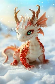 a white and orange dragon sitting on top of snow covered ground with green eyes looking at the camera