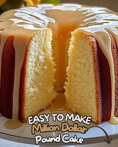 a bundt cake with white icing and caramel drizzle