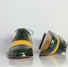 Yellow Leather Wingtip Oxfords, Yellow Wingtip Oxfords With Brogue Detailing, Green Wingtip Oxfords With Goodyear Welt, Green Goodyear Welted Wingtip Oxfords, Classic Yellow Wingtip Leather Shoes, Yellow Wingtip Leather Shoes With Brogue Detailing, Yellow Oxfords With Leather Sole And Round Toe, Yellow Leather Oxfords With Leather Sole, Leather Office