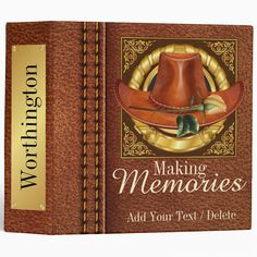 a brown book with an image of a hat on the cover and words making memories add your text / delete