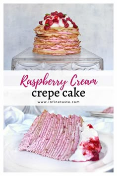 raspberry cream crepe cake on a white plate