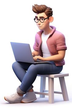 a cartoon man sitting on a stool using a laptop computer while looking at the screen