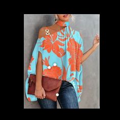 Brand New Turquoise And Orange Chic Orange Printed Top, Casual Orange Printed Blouse, Trendy Light Blue Blouse For Vacation, Trendy Blue Blouse For Beach, Summer Orange Printed Blouse, Printed Orange Blouse For Vacation, Orange Printed Blouse For Day Out, Blue Fall Vacation Top, Orange Printed Tops For Vacation