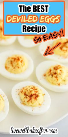 deviled eggs on a white plate with the words deviled eggs recipe over it