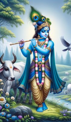 the god is standing in front of some cows and birds, while holding a flute