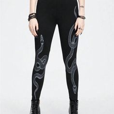 Leggings With Snake Design Printed On Edgy Tight Black Bottoms, Edgy Black Tight Pants, Tight Black Bottoms For Spring, Spring Black Tight Pants, Snake Pants, Snake Leggings, Shein Pants, Snake Design, Pants Women