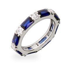 This blue and white CZ eternity band looks every bit as luxurious as the real deal. The 1/8 inch wide sterling silver setting holds baguette CZ sapphires, alternately placed in between brilliant cut, white cubic zirconias. The continuous style white and blue sapphire CZ ring is beautiful worn alone, but also great for stacking! Stack yours together and create a striking set of whites and blues. Details: • Blue And White Stackable Eternity Ring • .925 Sterling Silver • CZ Baguettes Sapphire Band Stackable, Eternity Rings Stackable, Sapphire And Diamond Band, Coordinates Jewelry, Sapphire Band, Eternity Band Ring, Cz Stud Earrings, Blue Gems, Engraved Jewelry