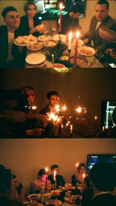 people sitting around a dinner table with candles in their hands and plates on the table