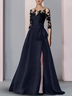 Corte A Vestidos de noche Split High Vestido Formal Otoño Cola de Corte Media Manga Escote de ilusión Satén con Abertura Bordados 2024 2024 - CLP $142370 Elegant Black Mother Of The Bride Dress For Banquet, Long Sleeve Satin Evening Gown, Full Length Satin Dress For Formal Occasions, Elegant Satin Gown For Party Season, Satin Long Sleeve Mother Of The Bride Evening Dress, Full-length Dresses For Formal Parties, Elegant Full-length Evening Dress For Party Season, Formal Long Sleeve Dress For Mother Of The Bride, Black Satin Gown With Long Sleeves