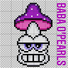 a pixellated image of a mushroom wearing a purple hat with the word bad boy on it