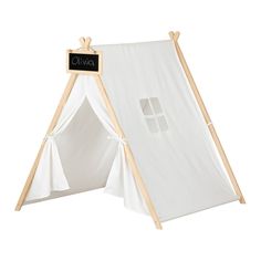 a white tent with a chalkboard on it