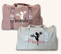 "personalized Cheerleader Duffle bags, Gift for Cheerleader's  *DIMENSIONS LENGTH: 18.89\" (48CM)  DEPTH: 9.4\" (24CM) HEIGHT 13\" (33CM) This Beautiful Duffel Bag is perfect for Bachelorette trips, to go to the gym, or just for vacations. * Velvet Lining *Durable Straps *Fully Lined with small zipper Pocket inside *Large capacity *Removable shoulder strap included *Interior Shoe Compartment. *Gold Hardware *Hand Made in USA. Perfect for bridesmaid Proposal, we can personalized with names or til Customizable White Bags For Sports Events, Personalized Sporty School Bag, Sporty Personalized School Bag, Customizable Sporty School Bags, Sporty Customizable School Bags, Customizable School Spirit Bag For Everyday, Customizable School Spirit Bags For Everyday Use, Customizable School Spirit Bags, Cheerleading Gifts