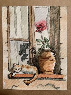 a painting of a cat sleeping on a window sill next to a potted plant