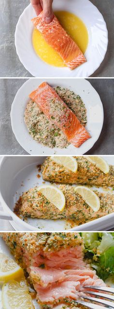 the process of cooking salmon with lemons and seasoning on it is shown in three different pictures