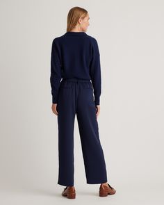 Update your wardrobe with an always-chic paperbag pant. With a little stretch, plenty of pockets, and a removable belt, this will become your go-to pant. Easily dress up or down!  | Quince | Women's Stretch Crepe Paperbag Pants in Navy, Size 8, Polyester Casual Wide-leg Pants With Belted Cuffs, Wide-leg Workwear Bottoms With Tie Waist, Wide-leg Workwear Pants With Tie Waist, Workwear Wide-leg Pants With Tie Waist, Wide-leg Tie Waist Pants For Work, Solid Color Belted Paperbag Waist Bottoms, Wide Leg Trousers With Tie Waist For Workwear, Versatile Straight Pants With Tie Waist, Belted Paperbag Waist Pants