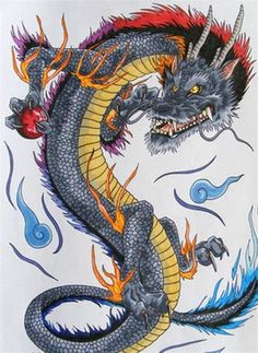 a drawing of a dragon with flames on it