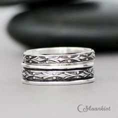 This His and Her Promise Ring Set is created in Sterling Silver. The set features a stunning repeated design, and can be created in the sizes and finishes of your choice. For the Narrow Band: This beautiful Art Deco-inspired Sterling Silver Fleur de Lis Wedding Band measures 3 mm (approximately .11 inches) in width and is embossed with a striking geometric motif. The inside of the band has been smoothed for a comfortable fit, and is gently curved for comfortable wear. This ring is wide enough fo Promise Ring Band, Rings For Couples, Wide Wedding Bands, Commitment Rings, Promise Ring Set, Art Deco Wedding Band, Promise Rings For Couples, Geometric Motif, Deco Wedding