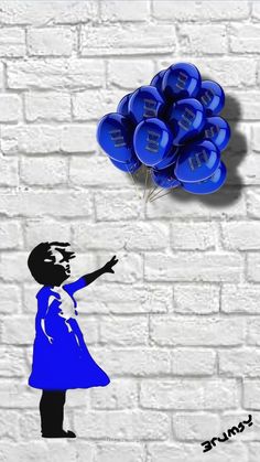 a drawing of a girl with blue balloons in front of a brick wall