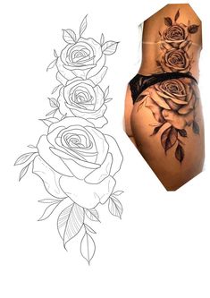 a woman's stomach with roses and leaves on it, next to an image of the