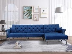 LCH Velvet Convertible Sleeper Sectional, Reversible Button Tufted Couch Furniture Set with Chaise Lounge 2 Pillows for Living Room, L Shaped Sofa Bed 1, Navy Blue L Shaped Sofa Bed, Velvet Sofa Bed, Living Room Furniture Styles, Sofa Bed Sleeper, Sofa Chaise, Mesa Exterior, Blue Sofa