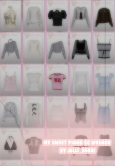 an assortment of sweaters and shirts displayed on a pink background with the words, my sweet piano c c watch by julia berri