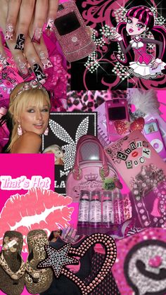 a collage of pink and black items including lipstick, nail polishes, purses