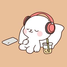 a white cat with headphones and a drink