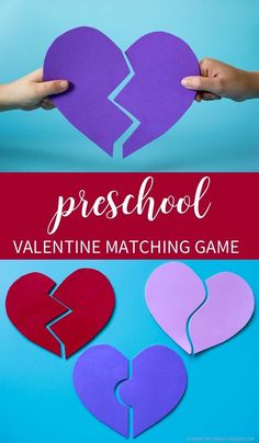 two hands holding paper hearts with the words preschool valentine matching game