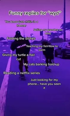 two people skateboarding down the street in front of purple sky with words describing funny repales for wydd