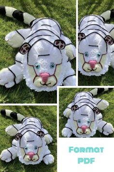 four pictures of a stuffed animal laying in the grass with its eyes open and tongue out