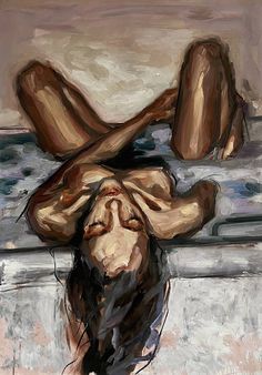 a painting of a woman laying on top of a bath tub with her head down