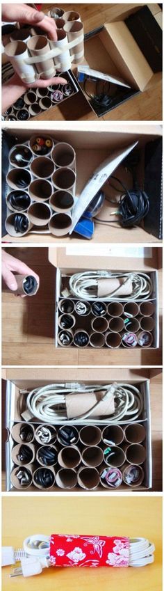 three pictures showing the steps to make an organized drawer with paper and scissors in it