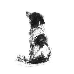 a black and white drawing of a dog sitting on the ground looking up at something