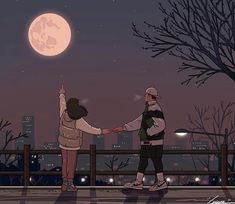 two people standing on a bridge holding hands at night with the moon in the background