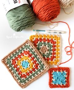 two crocheted squares are next to each other on a white surface with yarn