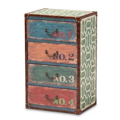 three drawers with numbers painted on them in different colors and sizes, each drawer has an interesting design