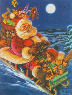 a painting of santa claus on his sleigh in the snow with many toys