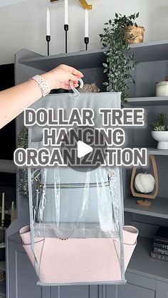 the dollar tree hanging organization system is organized with clear plastic bags and pink leather handles