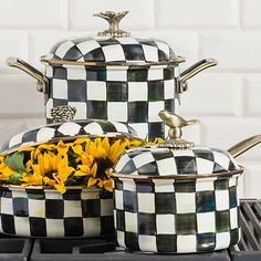 a black and white checkered kitchen set with sunflowers