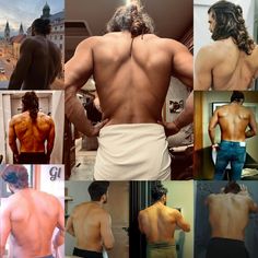 the back of a man with no shirt on, and several pictures of his body