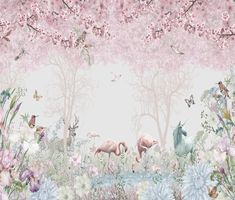 a painting of flamingos and other animals surrounded by flowers